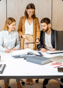 people in meeting around table evaluating crypto business solutions boosting their crypto success for the areas: Investment, Payment, Powering, Technology, Individual Requests