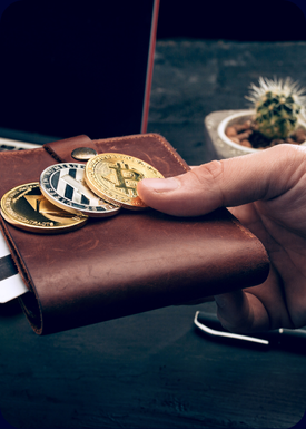 hand holding leather wallet with coins (Bitcoin, Litecoin & Ethereum symbols) demonstrating the immense value of using the professional Crypto Wallet Management service by Crypto Partner Lenz
