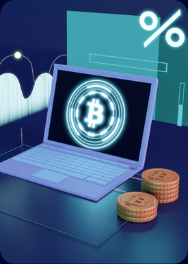 laptop with Bitcoin on screen and stacked Bitcoins next to it and graph and percentage in background demonstrating the high value the Crypto Recovery can return