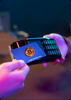 Payment with card and Bitcoin logo demonstrating CPLs Payment service to enable purchase with crypto