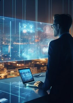man in front of window with skyline and projection of screen to window demonstrating CPLs Technology service as enabler for digitalization