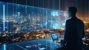 man in front of window with skyline and projection of screen to window demonstrating CPLs Technology service as enabler for digitalization