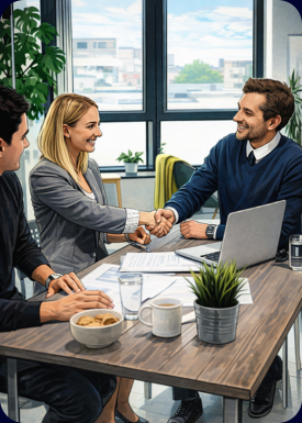 Man as independent trustee for young happy couple agreeing a deal. Couple is handshaking at a table in the office.